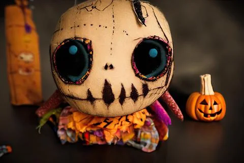 Handmade skull type gothic rag doll. Halloween Night Mystery. Digital Paintin Stock Illustration