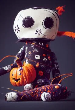 Handmade skull type gothic rag doll. Halloween Night Mystery. Digital Paintin Stock Illustration