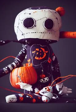 Handmade skull type gothic rag doll. Halloween Night Mystery. Digital Paintin Stock Illustration