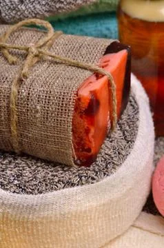 Handmade soap on a background of burlap Stock Photos