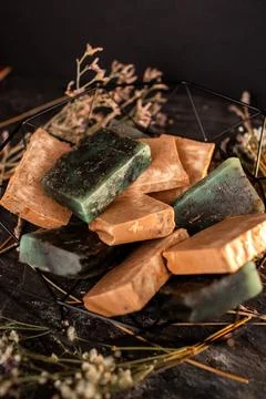 Handmade Soap Bars in a Geometric Wire Basket Stock Photos