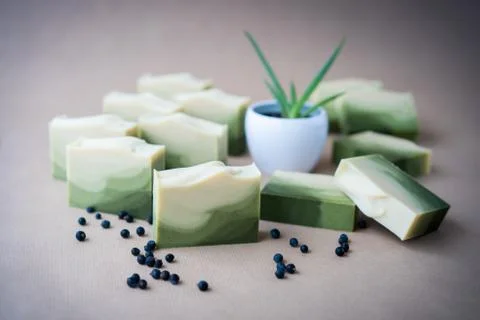 Handmade soap bars with real juniper Stock Photos