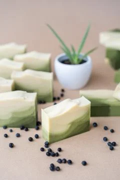 Handmade soap bars with real juniper Stock Photos
