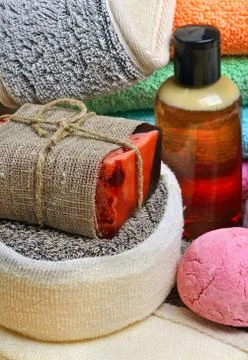 Handmade soap on  burlap background Stock Photos