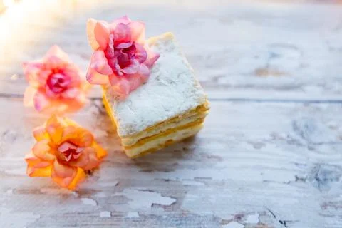 Handmade soap in the form of cake layers on a wooden background. natural soap Stock Photos