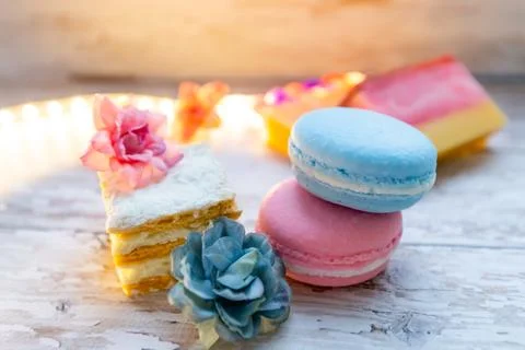 Handmade soap in the form of cake layers on a wooden background. natural soap Stock Photos