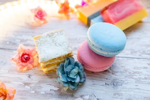 Handmade soap in the form of cake layers on a wooden background. natural soap Stock Photos