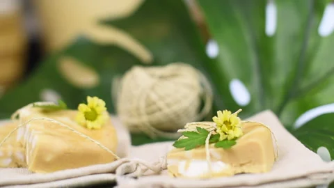 Handmade soap made from squeezing soap slivers, the concept of spa and self-care Stock-Footage 140966796