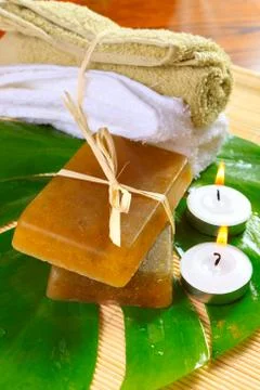 Handmade soap on monstera leaf Stock Photos