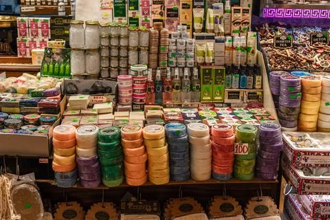 Handmade Soaps and Perfumes Display at Egyptian Bazaar Stock Photos