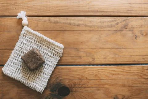 Handmade solid natural shampoo on a soap cloth cover. space for copy space. Z Stock Photos