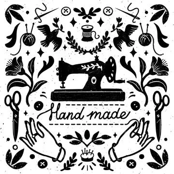 Handmade symmetric vector composition - vintage elements in stamp style and Stock Illustration