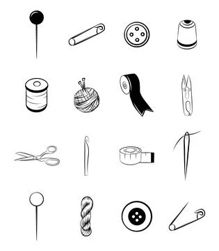 Handmade tools icon set isolated graphic outline shape sewing needle button r Illustrazione stock
