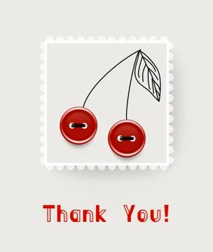 Handmade vector card with cherries of  buttons, laces and Thank You lettering Stock Illustration