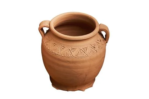 Handmade vintage ceramic tableware according to medieval technologies, isol.. Stock Photos