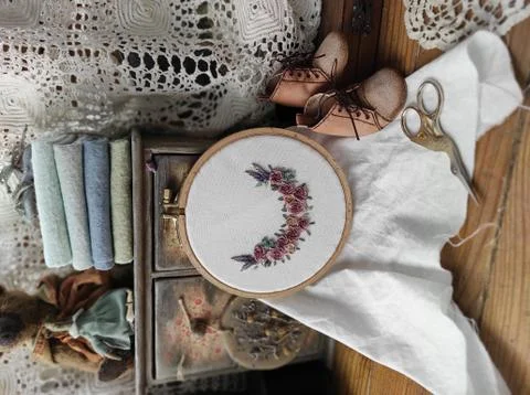 Handmade vintage embroidery Brazilian roses Stock Photos