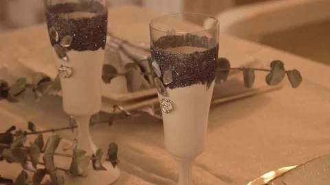 Handmade white glasses table setting Video stock 122999782