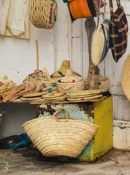 Handmade Wicker objects in the streets of Morocco Stock Photos