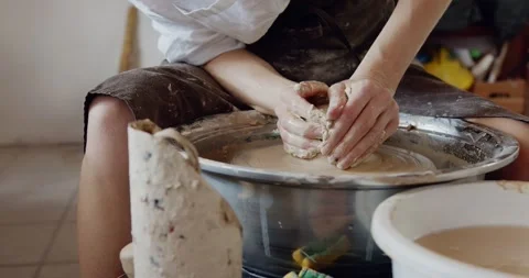 Handmade women's hands making pottery in the workshop Stock Footage 208076574
