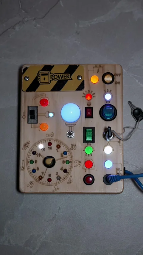 Handmade Wooden Electronic Control Panel with Illuminated Buttons Stockbeeldmateriaal 325629430