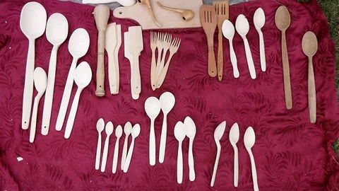 Handmade Wooden Kitchenware Group Stock Footage 127541027