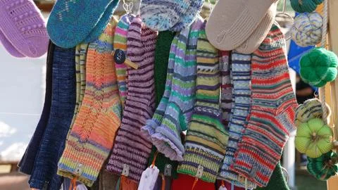 Handmade wool socks knitted from sheep yarn Stock Photos