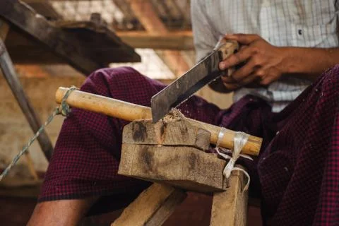 Handmade workshop for paper umbrella prodaction in Myanmar Stock Photos