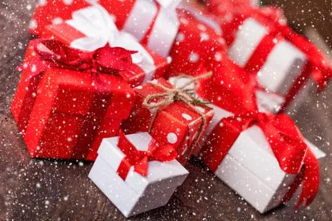 Handmade wrapped christmas gift boxes on celebrate background. Stock Photos