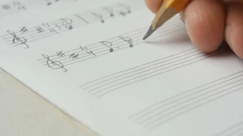Handmade writing on staff: key, note, music, musician, pencil, arrangement Video stock 84148047