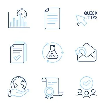 Handout, Quick tips and Chemistry experiment icons set. Send mail, File and イラスト素材