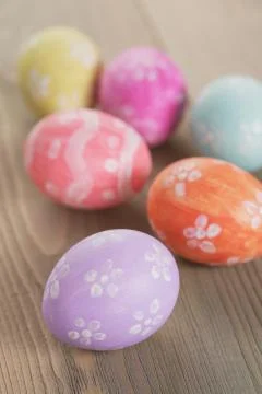 Handpainted easter eggs on table 스톡 사진