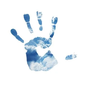 Handprint with blue sky texture, isolated. Ilustração Stock