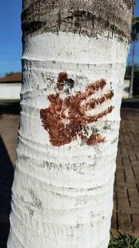 Handprint Mark on Painted Tree Trunk in Urban Area Foto stock