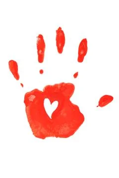 Handprint in red isolated on white background. Stock Photos