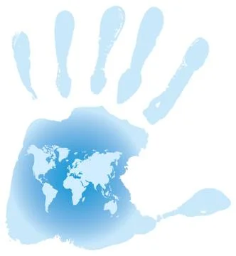 Handprint with six toes, map of the World, vector Stock Illustration