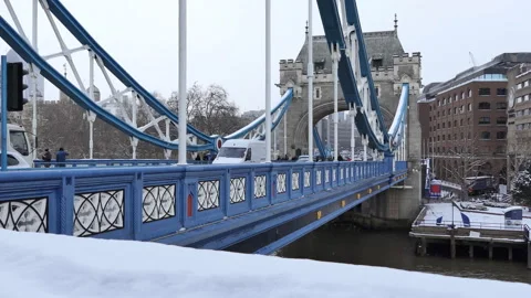 Handrails of the Tower bridge covered with snow. Stock Footage 98809509
