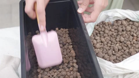 Hands add clay pebbles with small trowel into planter before planting Stock Footage 337078467
