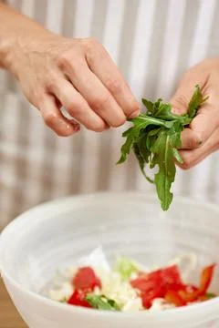 Hands adding fresh arugula to healthy salad bowl Stock Photos