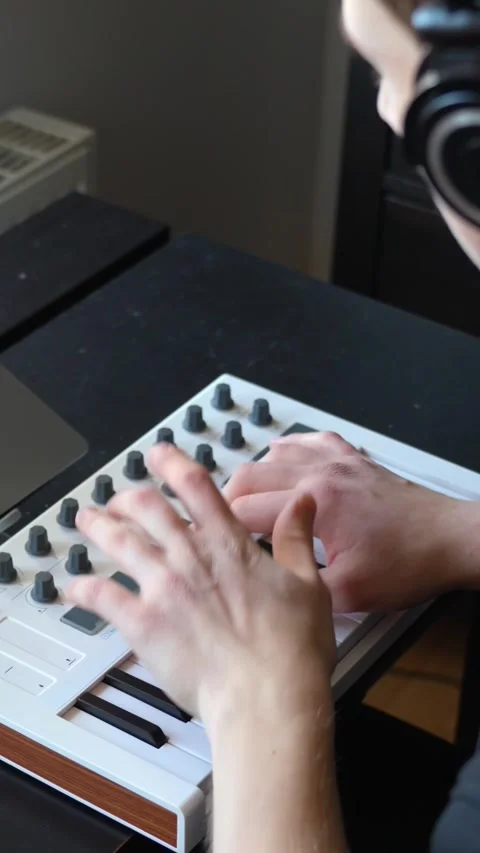 Hands adjusting knobs on a MIDI drum pad controller in a home studio setup 스톡 동영상 323681485
