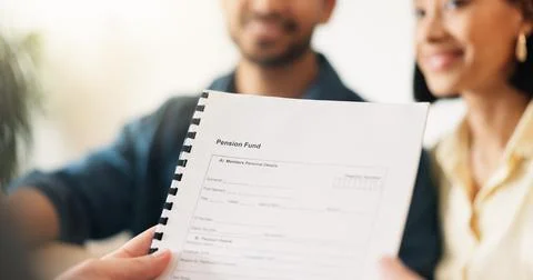 Hands, advisor and contract document with couple, finance advice and applic.. Stock Photos
