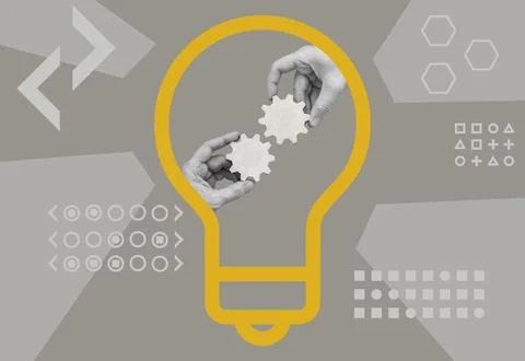 Hands aligning gears inside a light bulb for innovation. Stock Photos
