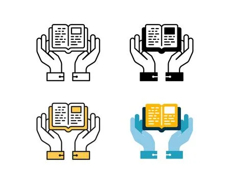 Hands and book icon vector design in 4 style line, glyph, duotone, and flat. Stock Illustration