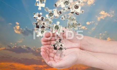 Hands and dollar money puzzle Stock Illustration