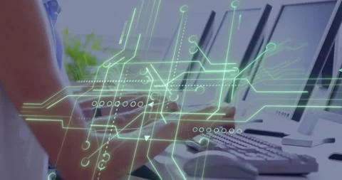 Hands and forearms typing on keyboard as green circuit graphics overlaying Video stock 307467475