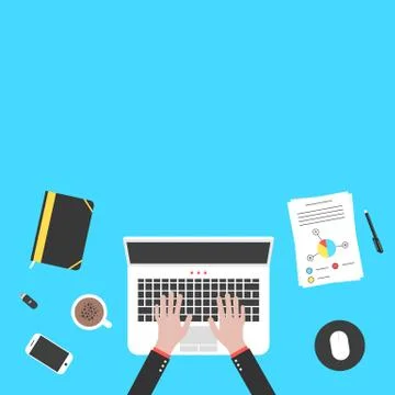 Hands and office objects on blue desk top Stock Illustration