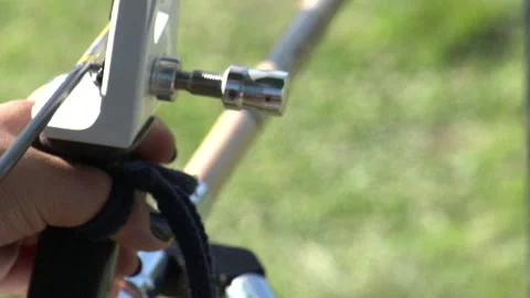 Hands and recurve bow during archery target practice, close up slow motion Stock Footage 148646221