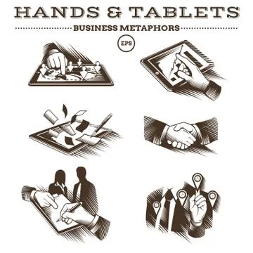 Hands and Tablets. Engraved Vector Stock Illustration