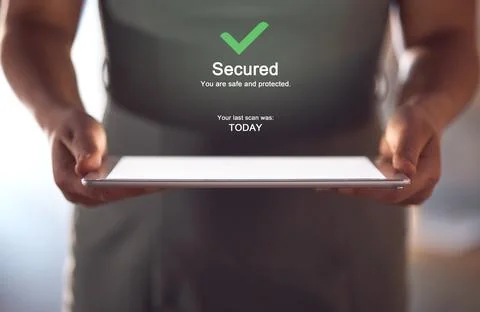 Hands, antivirus and tablet software update, man and screen mockup with firewall Stock Photos