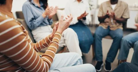 Hands, applause and support group in office, counseling and celebration for.. Stock Photos