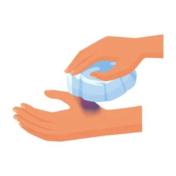 Hands apply ice pack to cool bruise on arm, first aid for bruised hand Stock Illustration